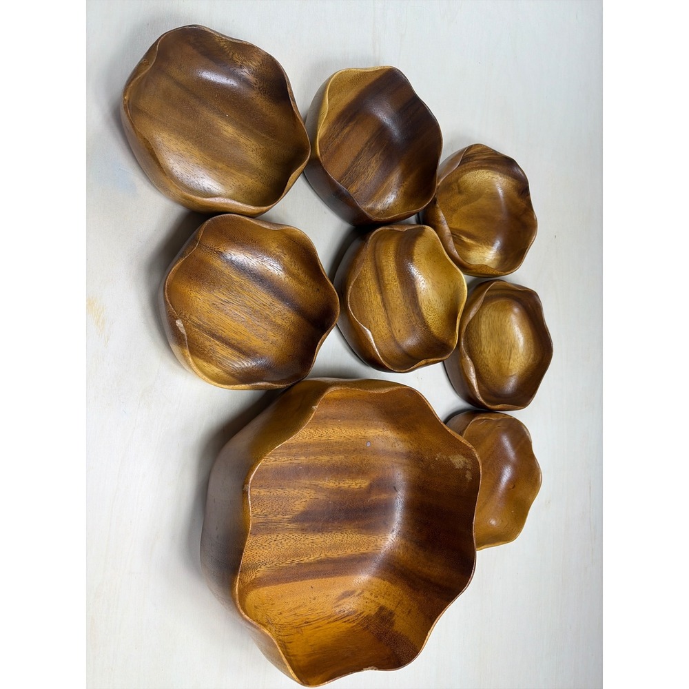 Vintage Monkey Pod Wood Salad Bowl Set 8pc Hand Carved MCM Wavy Rim Serving Set